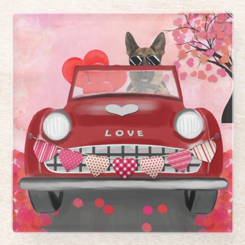 German Shepherd Dog Car with Hearts Valentines  Glass Coaster
