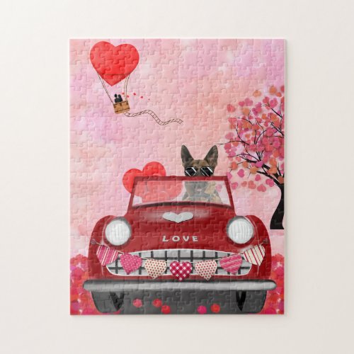 German Shepherd Dog Car with Hearts Valentines Jigsaw Puzzle