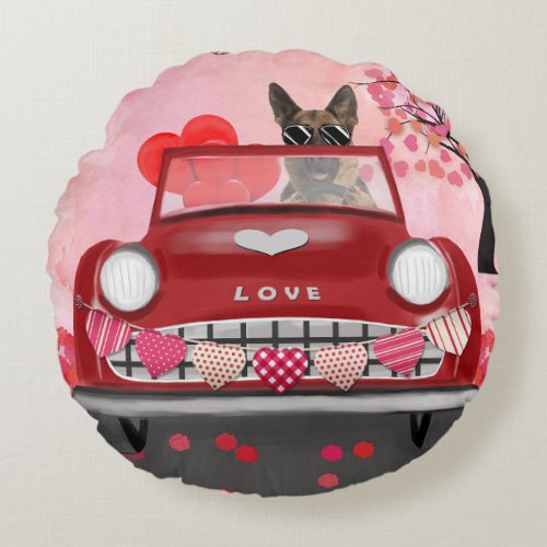German Shepherd Dog Car with Hearts Valentines   Round Pillow