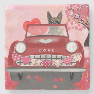 German Shepherd Dog Car with Hearts Valentine's Stone Coaster