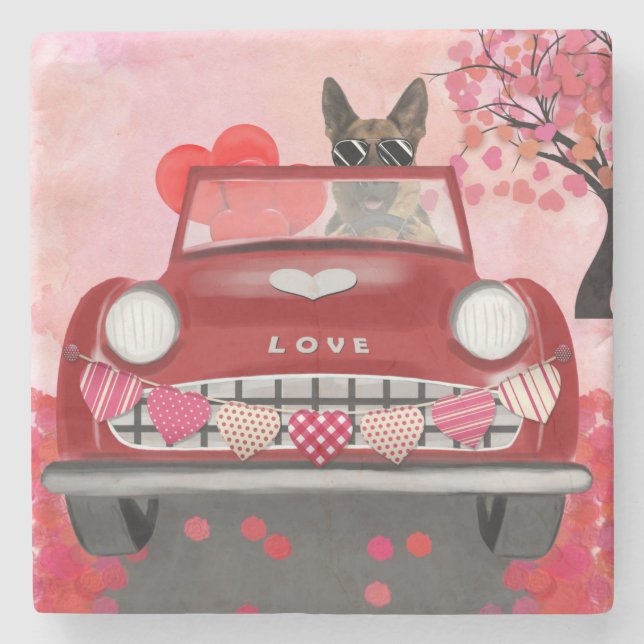 German Shepherd Dog Car with Hearts Valentine's  Stone Coaster (Front)
