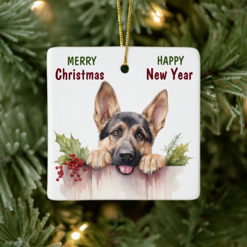 German Shepherd Dog Christmas Fence Ceramic Ornament