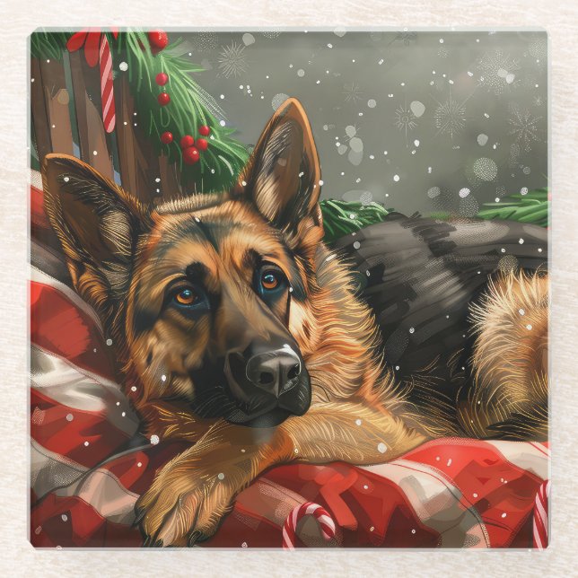 German Shepherd Dog Christmas Festive Glass Coaster (Front)