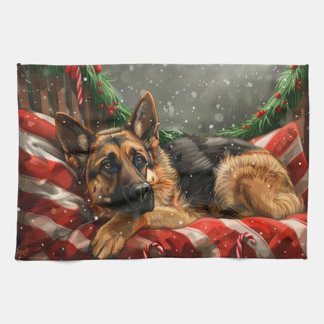 German Shepherd Dog Christmas Festive Kitchen Towel (Horizontal)