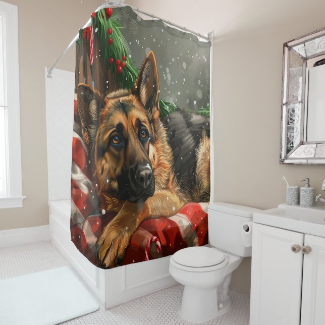 German Shepherd Dog Christmas Festive Shower Curtain (In Situ)