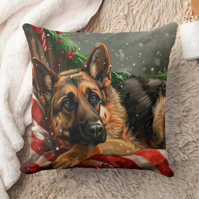 German Shepherd Dog Christmas Festive Throw Pillow (Blanket)