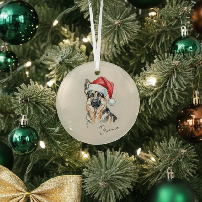 German Shepherd Dog Christmas Glass Ornament (Add a special touch to your Christmas tree with this custom pet portrait ornament!)
