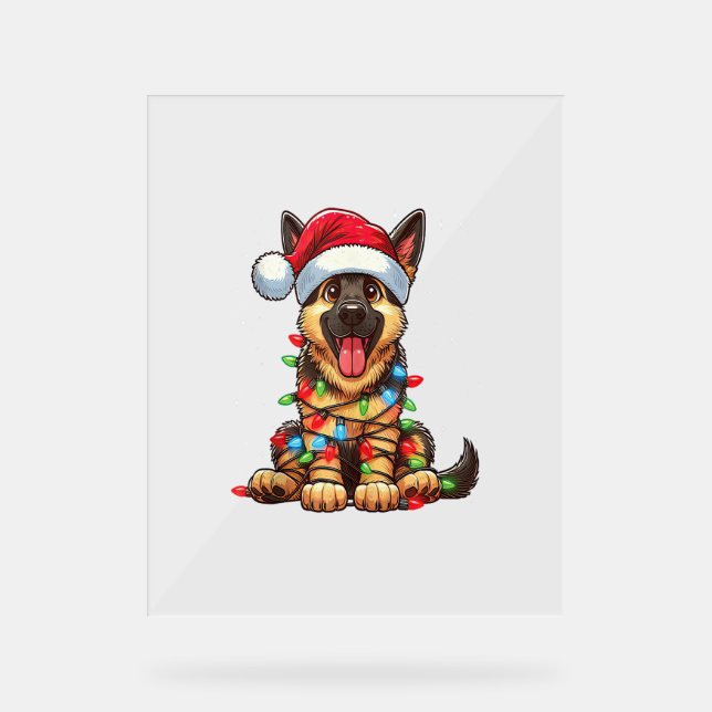 German Shepherd Dog Christmas Lights Santa Hat Xma Acrylic Sign (Front)