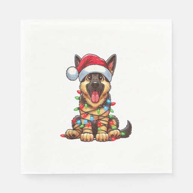 German Shepherd Dog Christmas Lights Santa Hat Xma Napkins (Front)