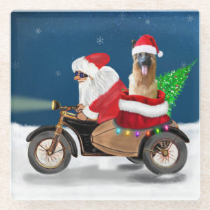 German Shepherd dog Christmas Santa Claus   Glass Coaster