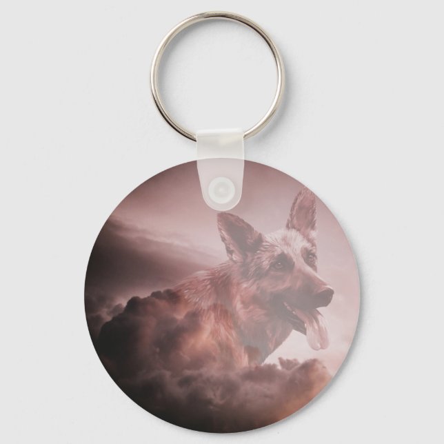German Shepherd Dog Clouds Heaven Art Portrait GSD Keychain (Front)