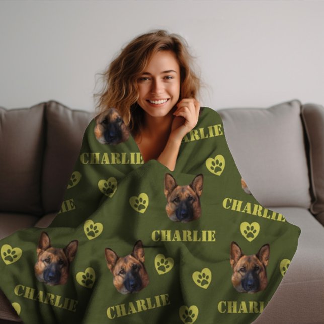 German Shepherd Dog, Custom Photo and Name Repeat  Fleece Blanket (Creator Uploaded)