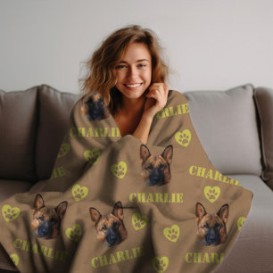 German Shepherd Dog, Custom Photo and Name Repeat Fleece Blanket
