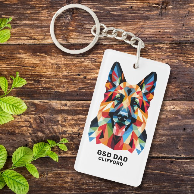 German Shepherd Dog Dad Personalized Low Poly Art Keychain (Add Name to personalize, edit other text if required, or delete all text if you wish)