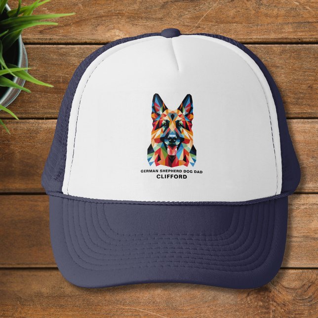 German Shepherd Dog Dad Personalized Polygonal Trucker Hat (Add name to personalize, or edit / delete text as required)