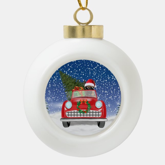 German Shepherd Dog Driving Car In Snow Christmas  Ceramic Ball Christmas Ornament (Front)