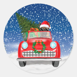 German Shepherd Dog Driving Car In Snow Christmas Classic Round Sticker