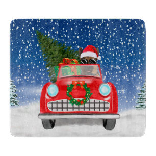 German Shepherd Dog Driving Car In Snow Christmas  Cutting Board
