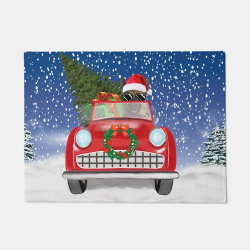 German Shepherd Dog Driving Car In Snow Christmas Doormat