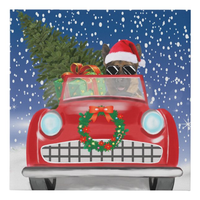 German Shepherd Dog Driving Car In Snow Christmas Faux Canvas Print (Front)