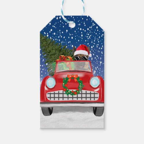 German Shepherd Dog Driving Car In Snow Christmas Gift Tags