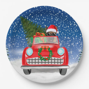 German Shepherd Dog Driving Car In Snow Christmas Paper Plates