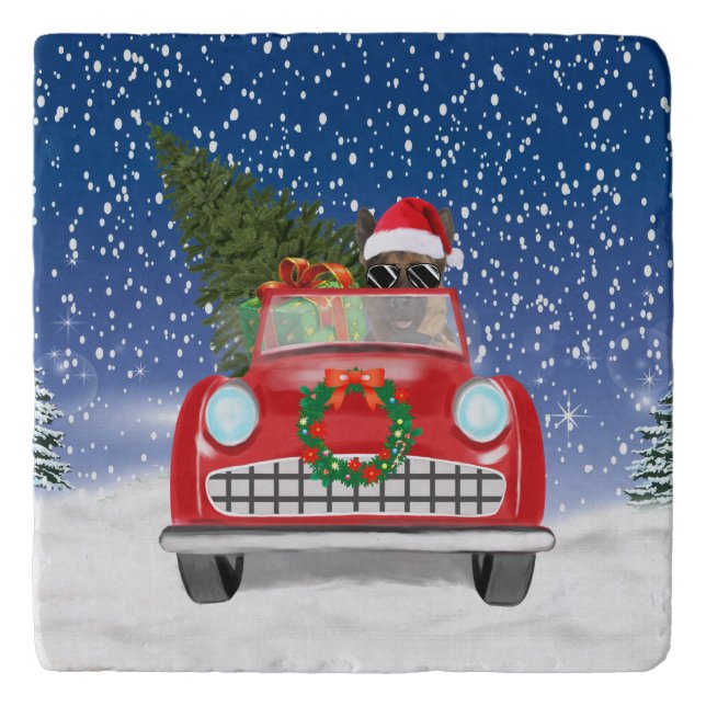 German Shepherd Dog Driving Car In Snow Christmas  Trivet (Front)