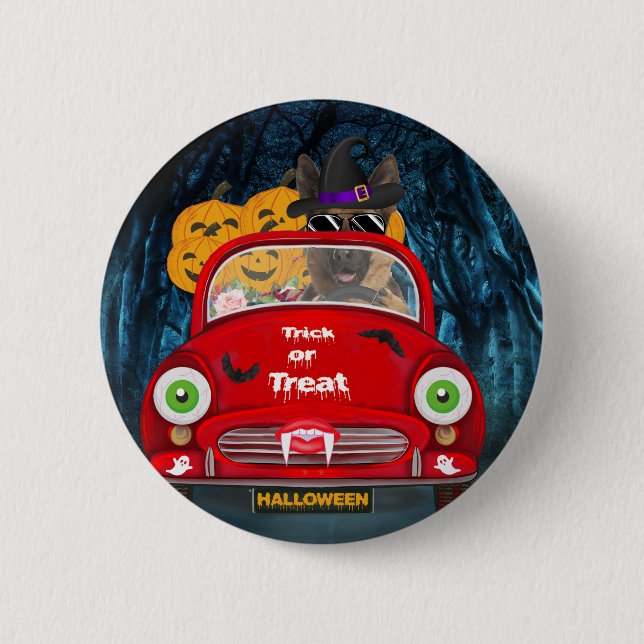 German Shepherd Dog Driving Car Scary Halloween  Button (Front)