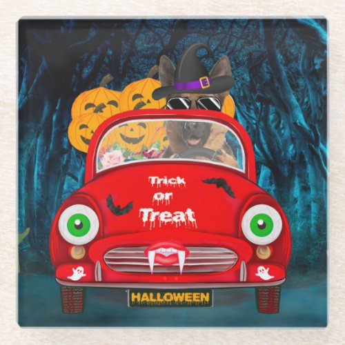 German Shepherd Dog Driving Car Scary Halloween Glass Coaster