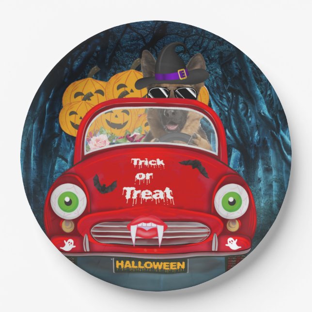 German Shepherd Dog Driving Car Scary Halloween  Paper Plates (Front)