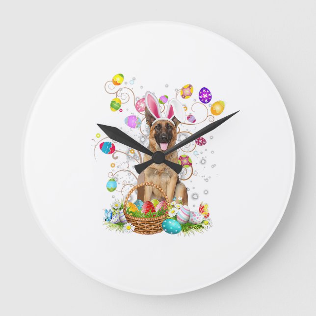 German Shepherd Dog Easter Egg Hunting Basket East Large Clock (Front)