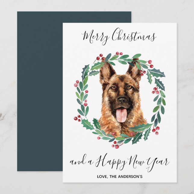 German Shepherd Dog Elegant Merry Christmas Holiday Card (Front/Back)