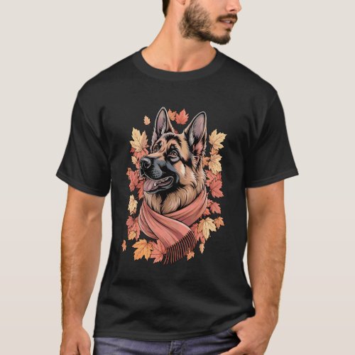 German Shepherd Dog Fall Scarf Autumn Leaves Thank T-Shirt