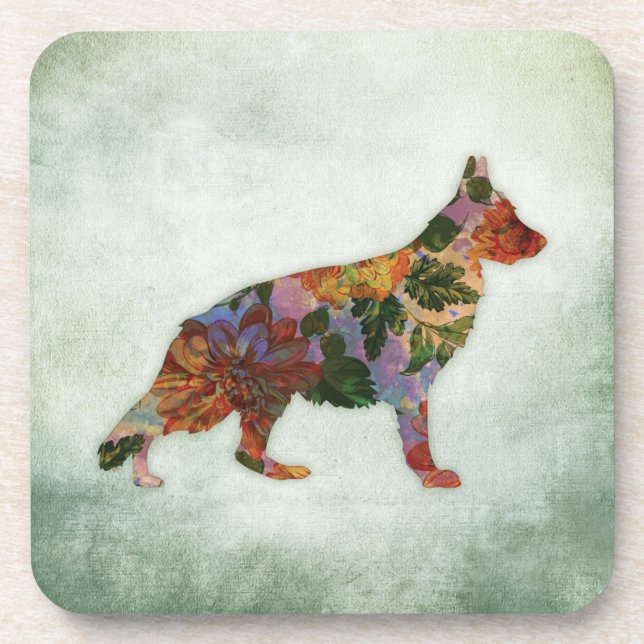 German Shepherd Dog Floral On Green Beverage Coaster (Front)
