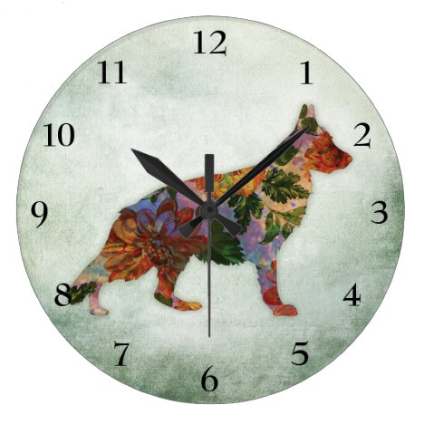 German Shepherd Dog Floral On Green Large Clock