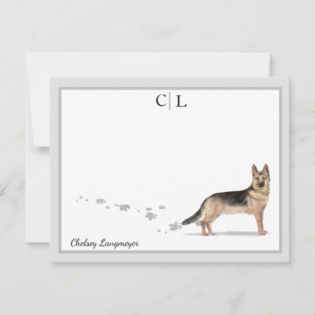 German Shepherd Dog Gray Border Monogram & Name Note Card (Front)