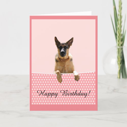 German Shepherd Dog Happy Birthday Pink Polka Dots Card