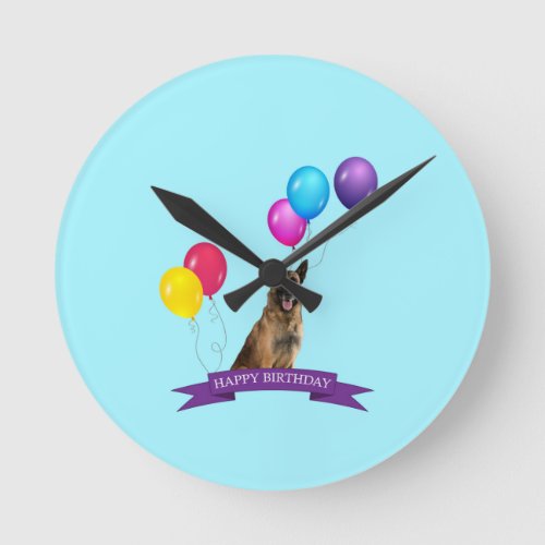 German Shepherd Dog Happy Birthday Round Clock