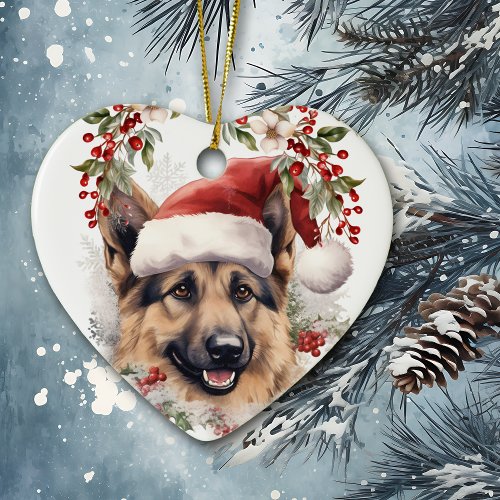 German Shepherd Dog Holly Wreath Christmas Ceramic Ornament