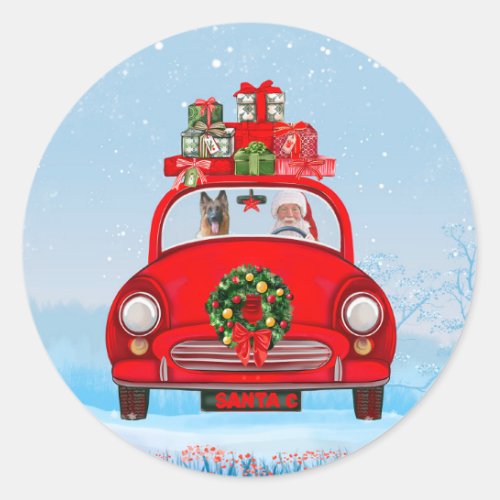 German Shepherd Dog In Car With Santa Claus  Classic Round Sticker