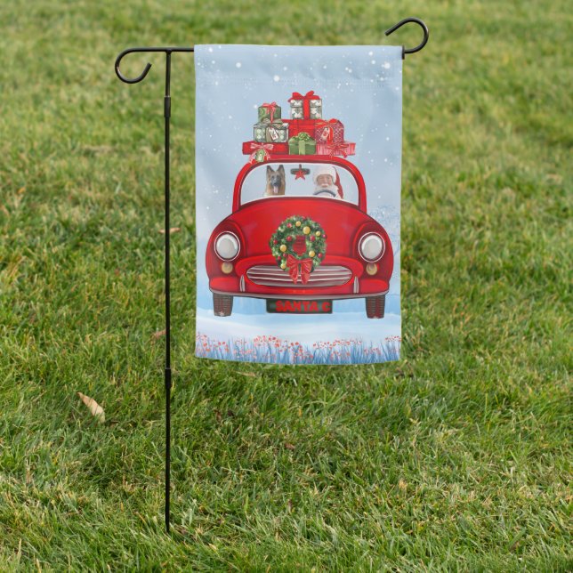 German Shepherd Dog In Car With Santa Claus Garden Flag (In SItu)