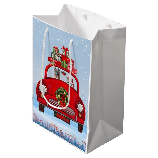 German Shepherd Dog In Car With Santa Claus  Medium Gift Bag (Front Angled)