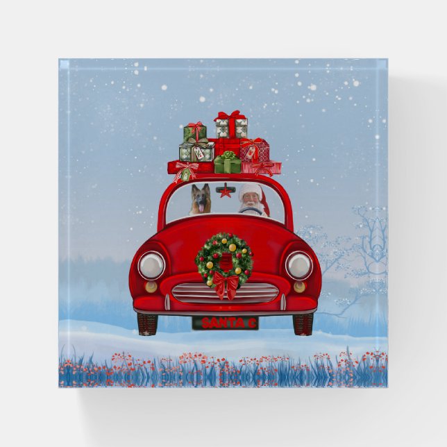 German Shepherd Dog In Car With Santa Claus  Paperweight (Front)