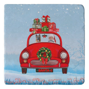 German Shepherd Dog In Car With Santa Claus Trivet