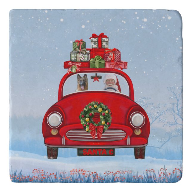 German Shepherd Dog In Car With Santa Claus Trivet (Front)