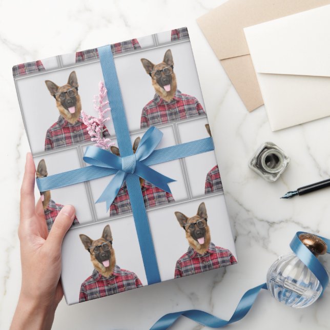 German Shepherd Dog In Plaid Wrapping Paper (Gifting)