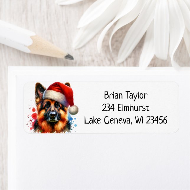 German Shepherd Dog in Santa Hat Christmas   Label (Insitu)