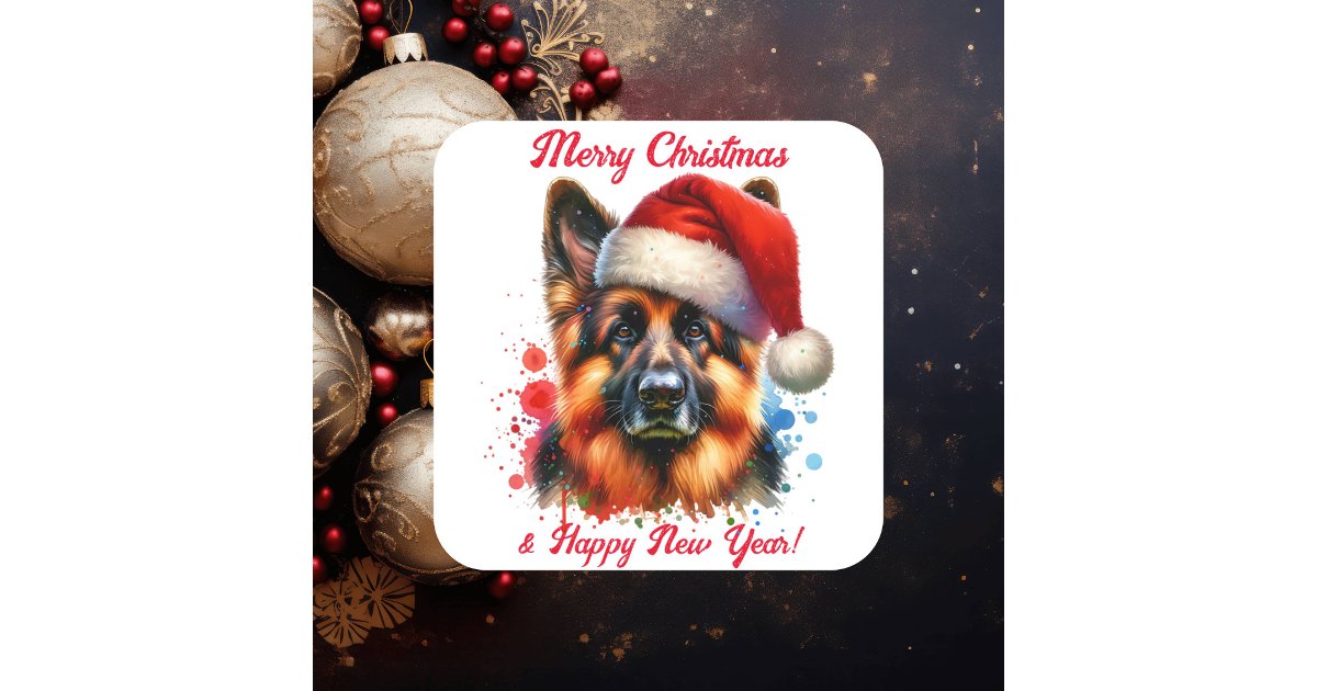 German Shepherd Dog in Santa Hat Christmas Square Sticker | Zazzle