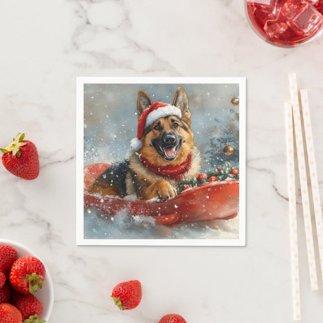 German Shepherd Dog in Sledge Snow Christmas Napkins (Insitu)