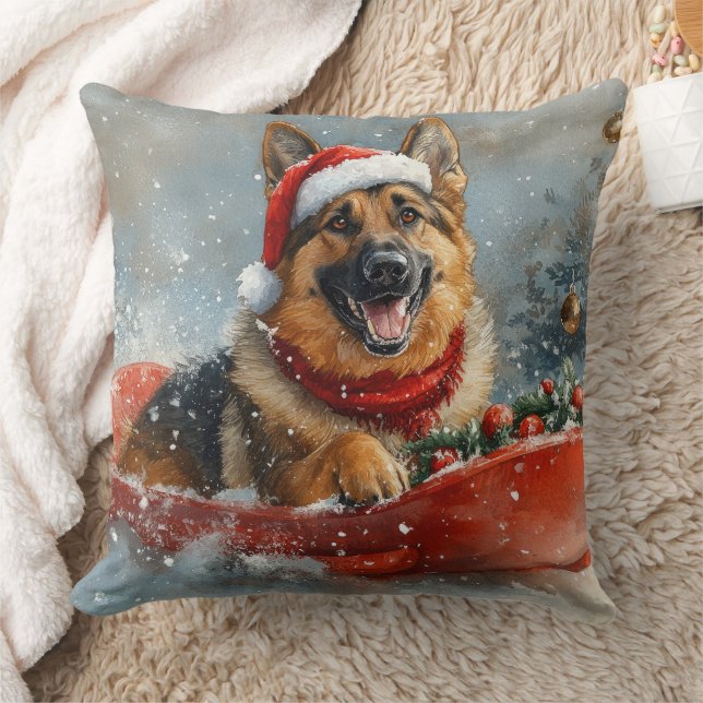 German Shepherd Dog in Sledge Snow Christmas Throw Pillow (Blanket)